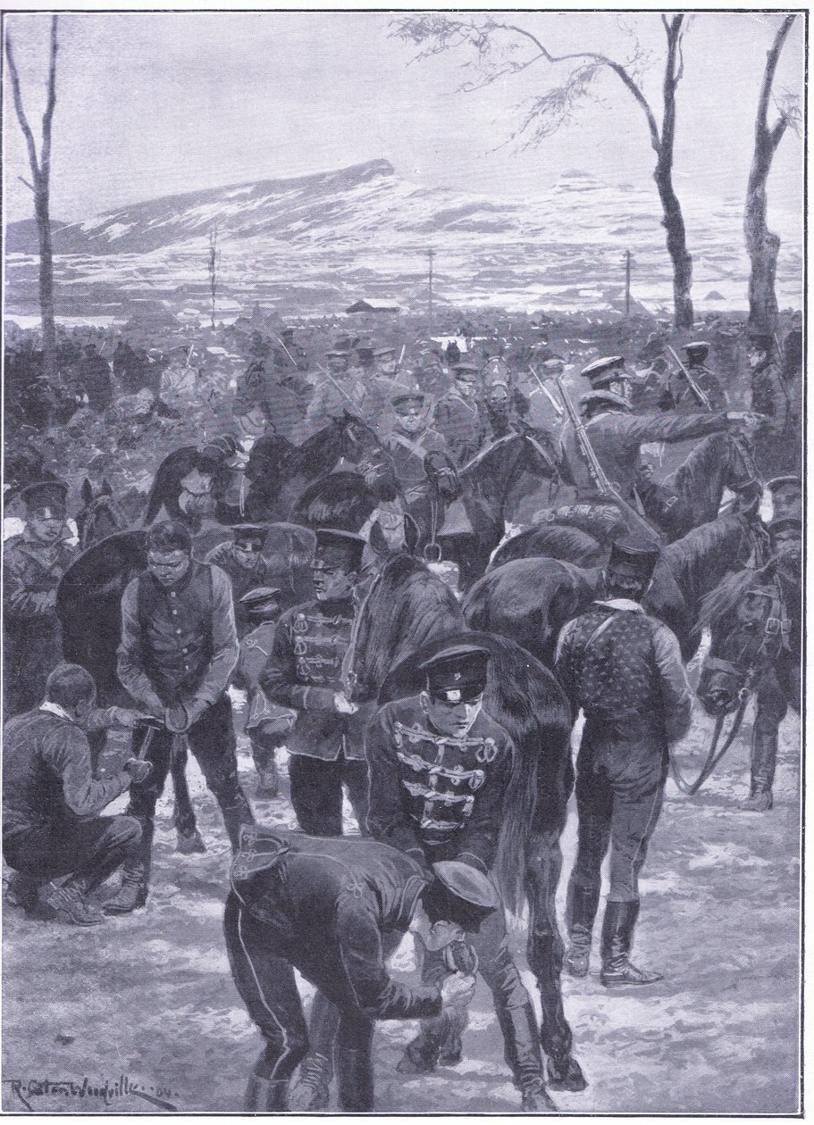 Accampamento di cavalleria giapponese a Seoul: Maniscalchi al lavoro, illustrazione da Cassells History of the Russo-Japanese War Vol 1, c.1900 da Richard Caton Woodville
