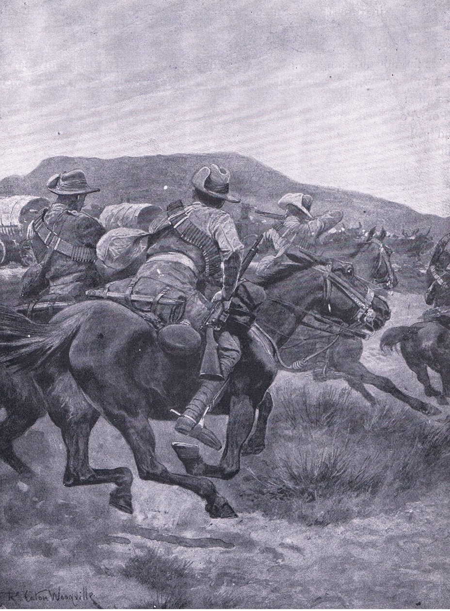 La cavalleria attacca la retroguardia e il trasporto di De Wet, da Dopo Pretoria: La guerra di guerriglia pubblicata da Harmsworth Bros Limited, 1901 da Richard Caton Woodville