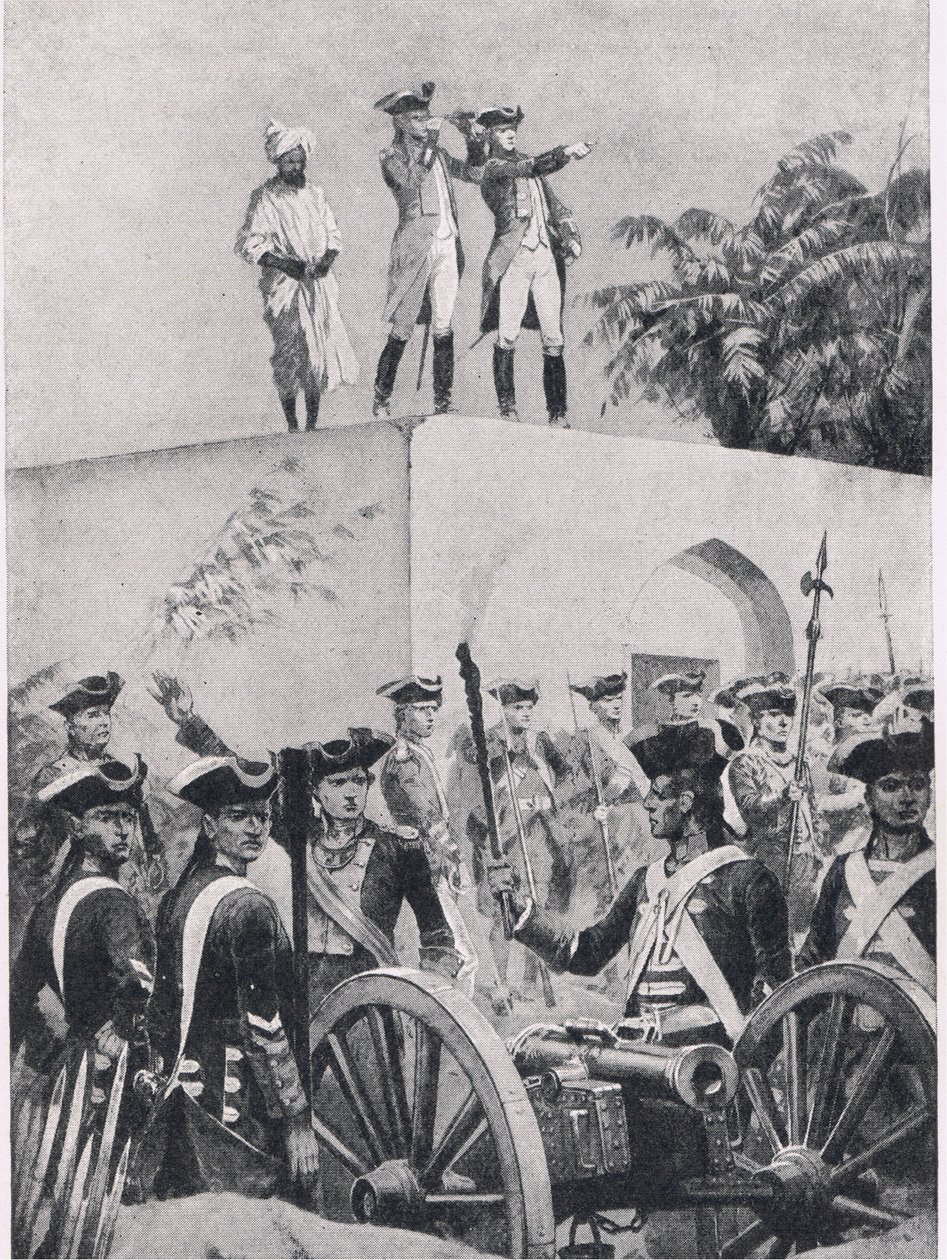 Battaglia di Plessey, 23 giugno 1757: Clive sul tetto del padiglione di caccia di Nawab Surat-ud-Daula, illustrazione da British Battles on Land and Sea, 1915 da Richard Caton Woodville junior
