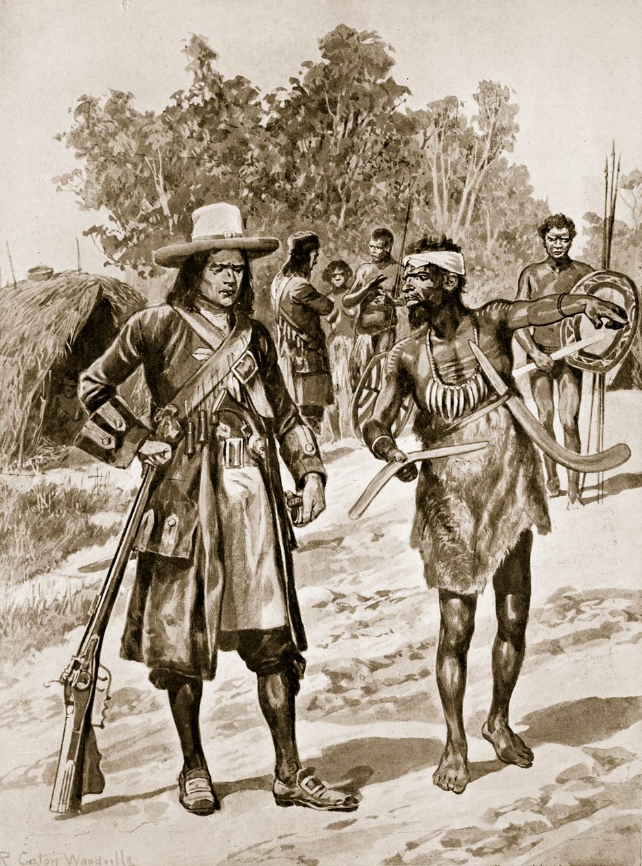 Dampier che esamina un boomerang in Australia, illustrazione da 