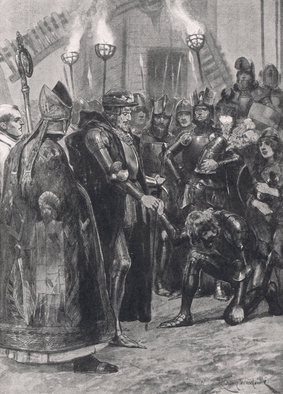 Edoardo III che saluta il Principe di Galles dopo la Battaglia di Crecy, illustrazione da 