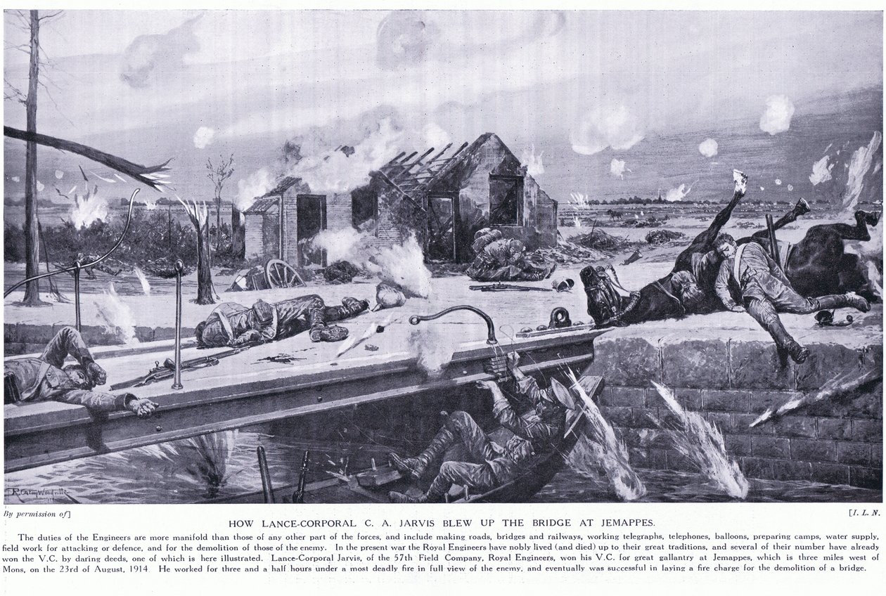 Come il caporale Lance C A Jarvis fece saltare un ponte a Jemappes vicino a Mons e vinse la VC, agosto 1914 da Richard Caton Woodville junior