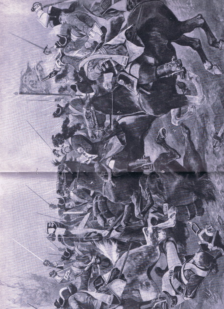 Il conflitto di cavalleria alla battaglia di Ramilles, 3 maggio 1706, illustrazione da British Battles on Land and Sea, 1915 da Richard Caton Woodville junior