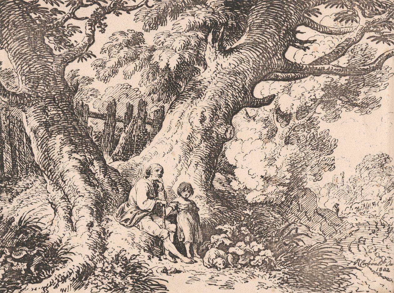 Vecchi alberi con vecchio uomo, bambino e cane da Richard Corbould