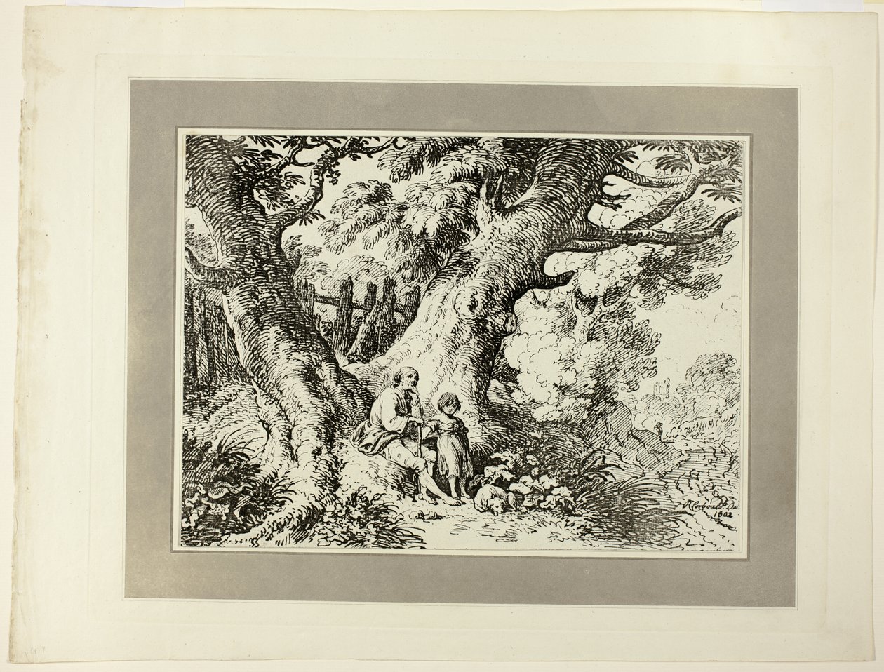 Vecchi alberi con vecchio uomo, una ragazza e un cane, dal primo numero di Specimens of Polyautography da Richard Corbould
