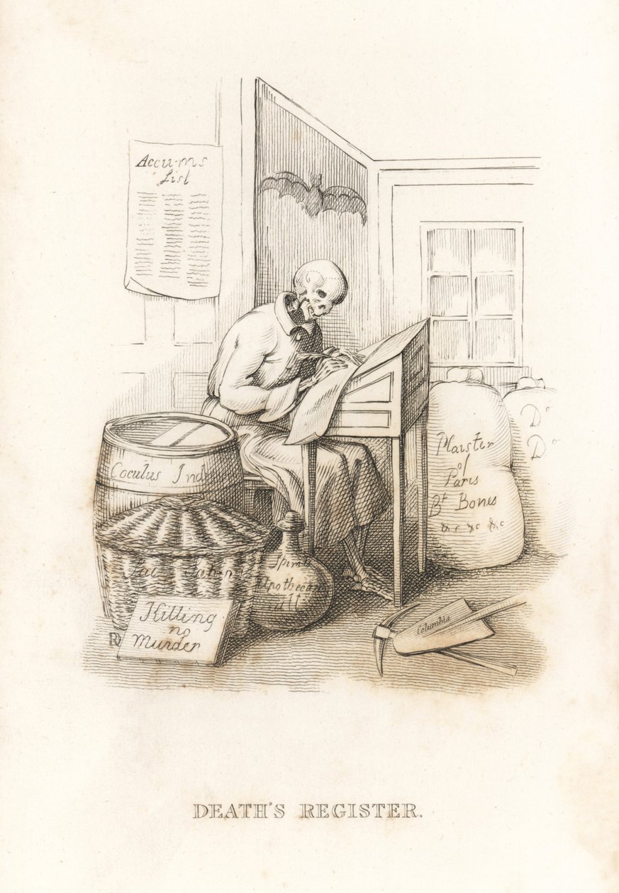 Lo scheletro della Morte e il suo libro mastro, 1827 (incisione) da Richard Dagley