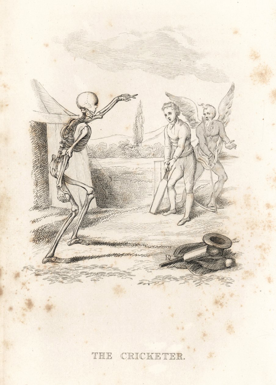Lo scheletro della Morte lancia una palla a un giocatore di cricket, 1827 (incisione) da Richard Dagley