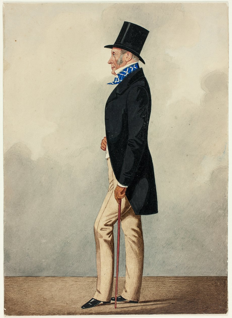 Ritratto di uomo in cappotto nero e cravatta blu e bianca da Richard Dighton