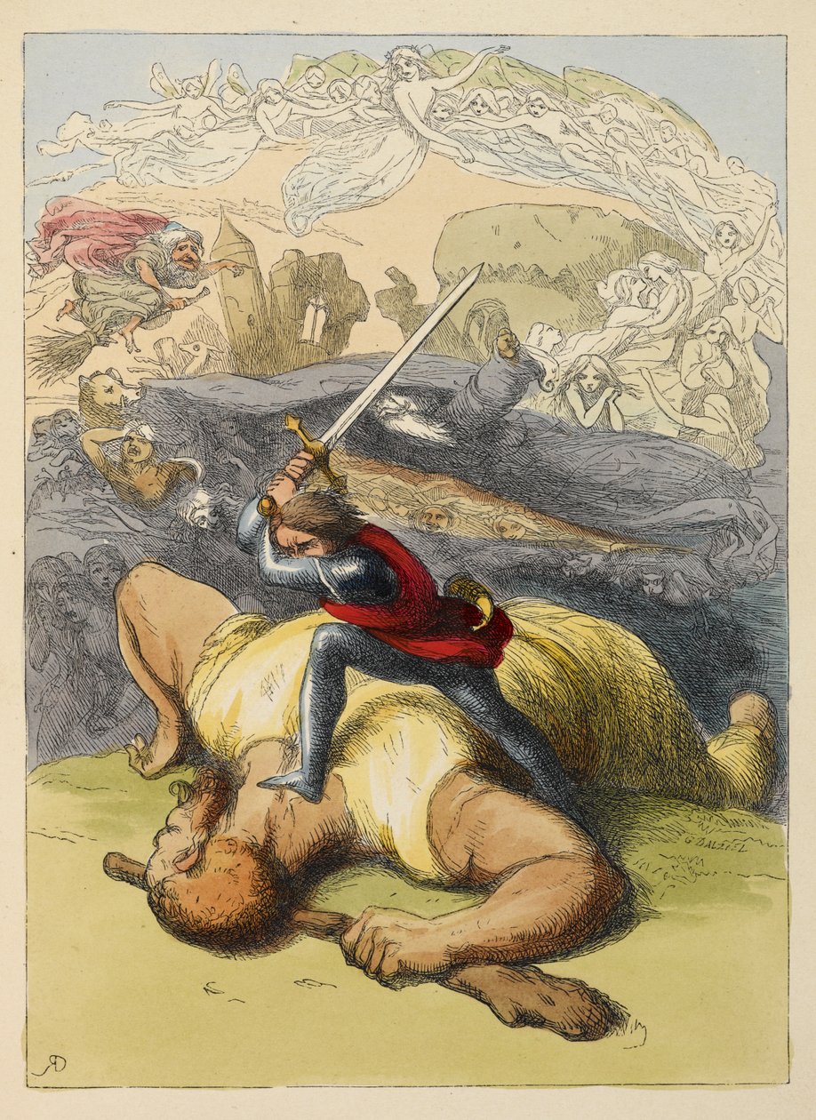 Jack in piedi sul corpo di un gigante, con la spada alzata. Illustrazione a colori in un libro per bambini. da Richard Doyle