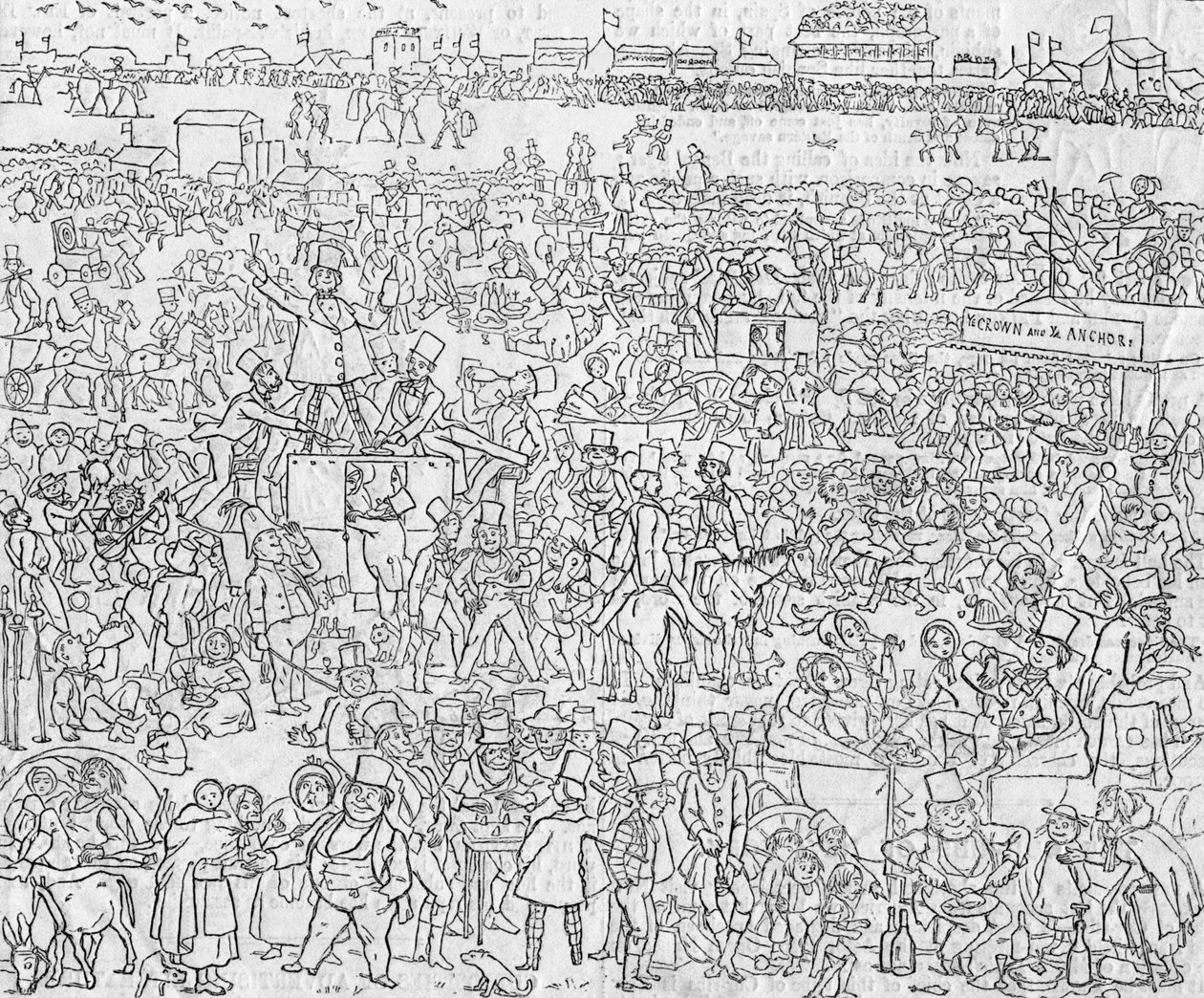 Usi e costumi degli inglesi nel 1849: Una vista di Epsom Downe nel giorno del Derby, 1849 da Richard Doyle