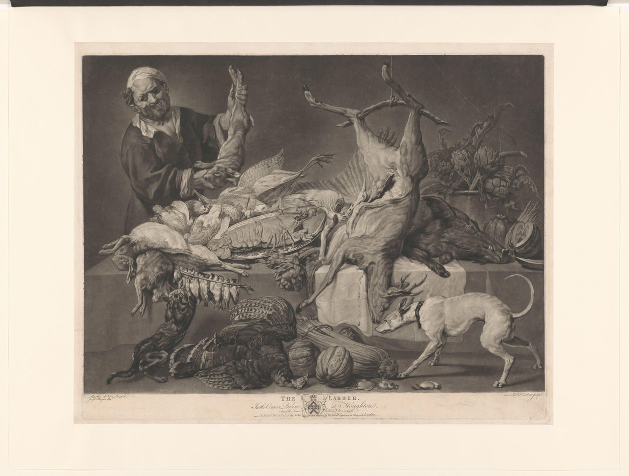 Mercante mostra selvaggina, carciofi, zucche e un