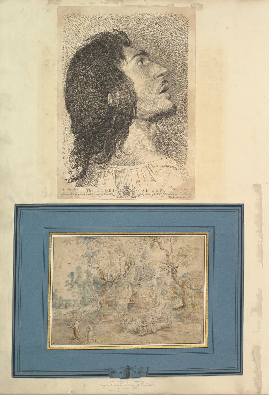 Foglio da Aedes Walpolianae montato con una stampa e un disegno a: Testa di profilo..., 1620-1766 da Richard Earlom
