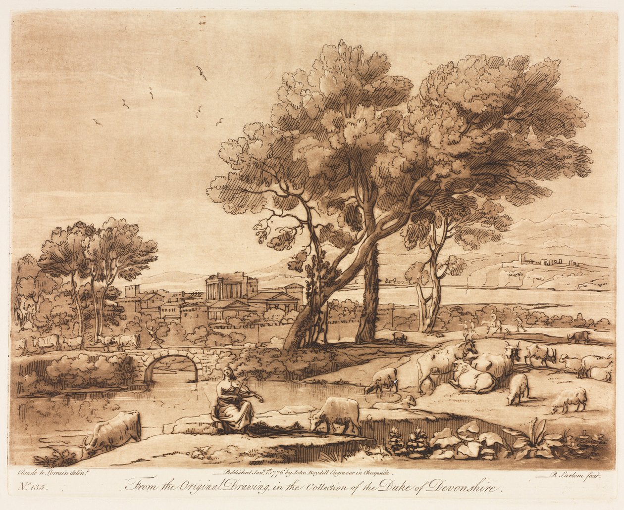 Liber Veritatis: No. 135, Un Paesaggio, con Edifici, Mercurio che Ruba il Bestiame di Admeto..., 1776 da Richard Earlom