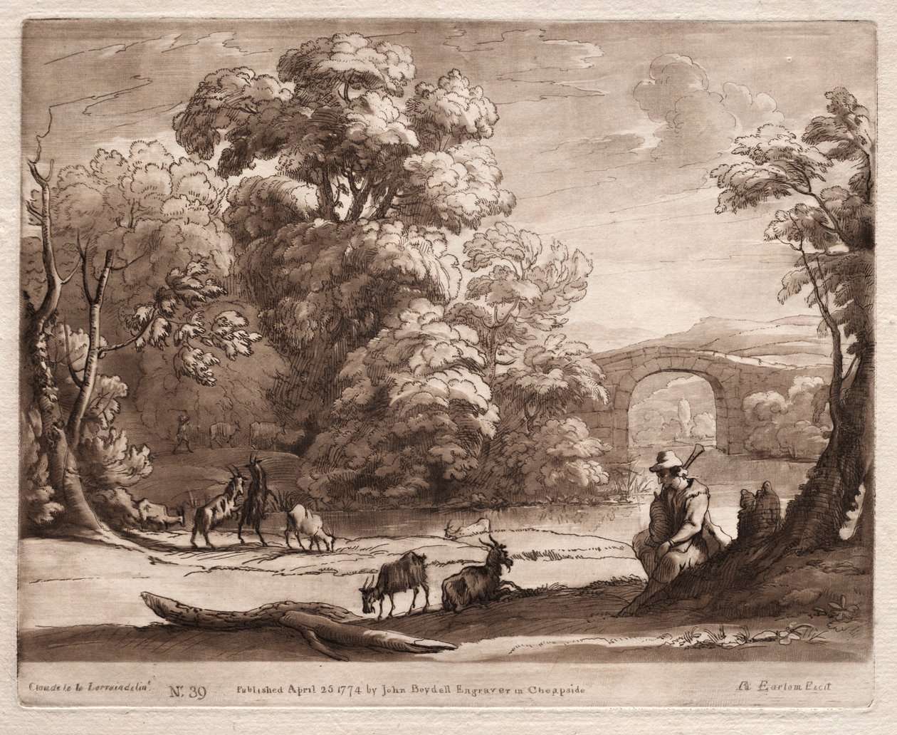 Liber Veritatis: No. 39, Un paesaggio con pastore che suona una cornamusa e capre al pascolo, 1774 da Richard Earlom