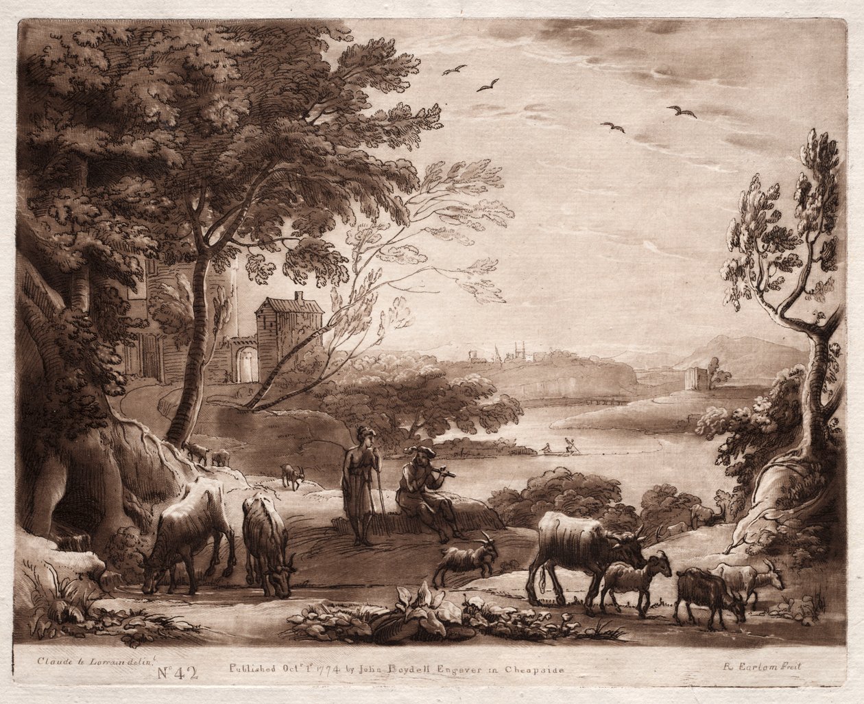 Liber Veritatis: No. 42, Paesaggio fluviale con pastore e pastorella e un gregge di bovini da Richard Earlom