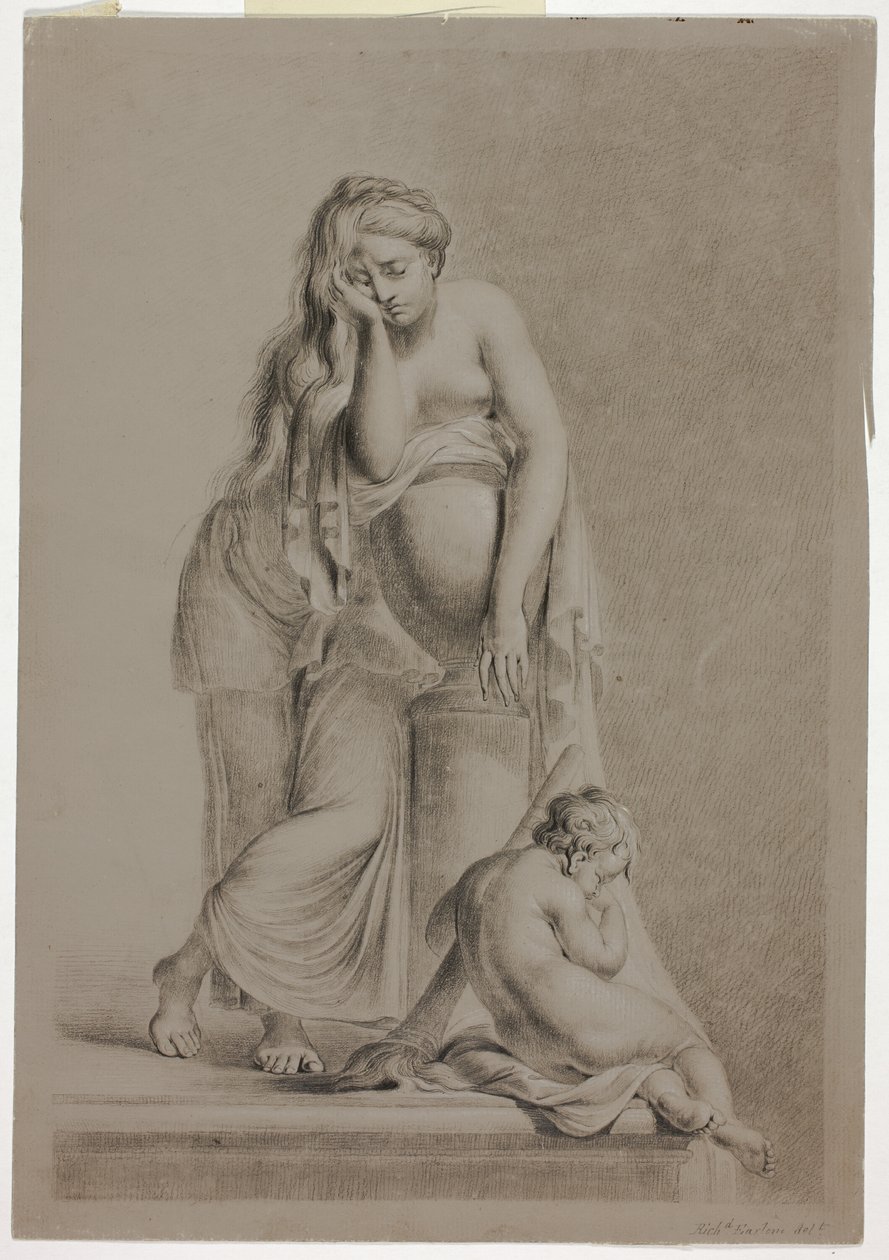Figura femminile allegorica piangente con putto da Richard Earlom
