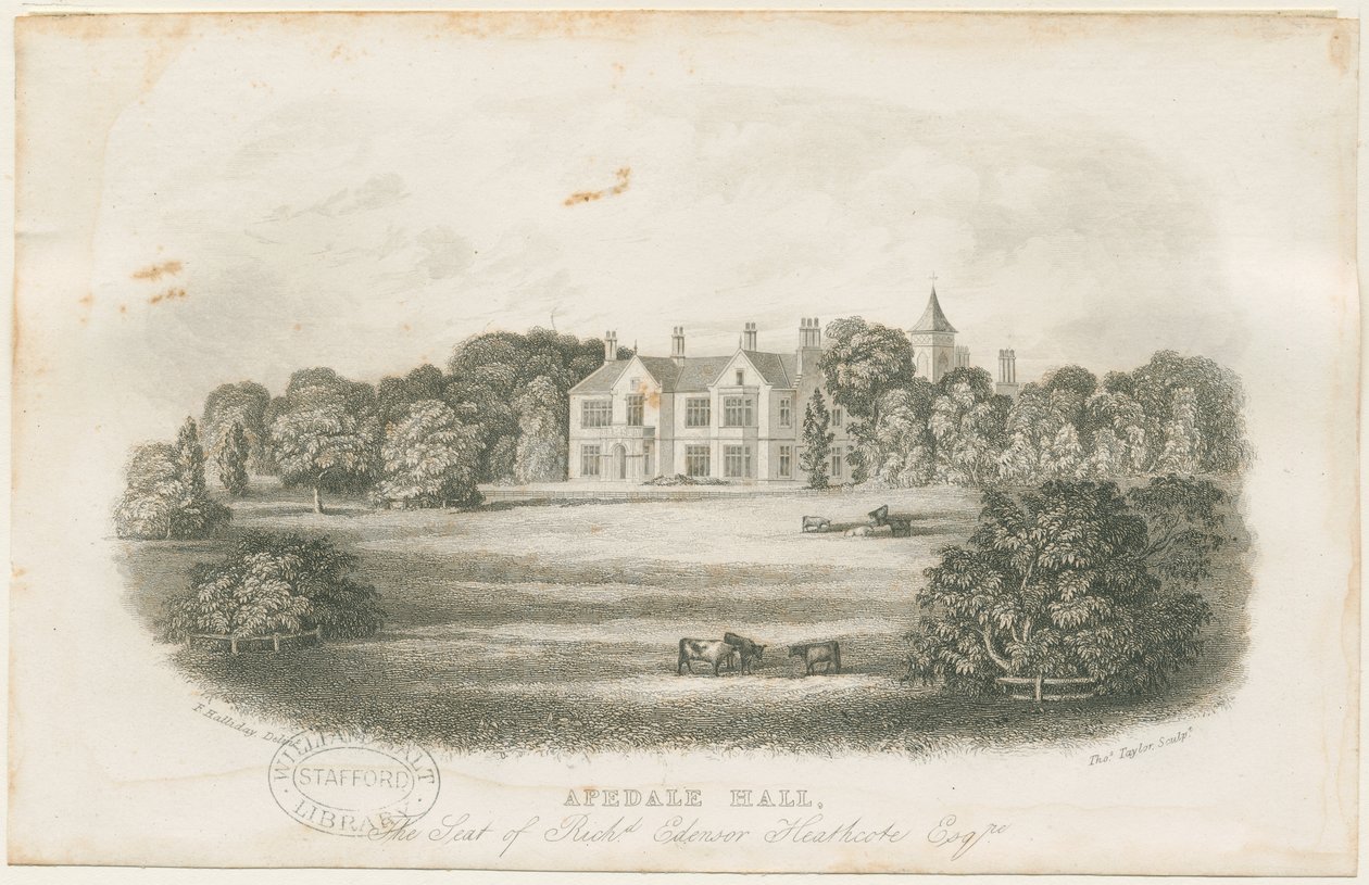 Casa e Parco di Apedale Hall: incisione in acciaio, nd [?fine 18° sec.] da Richard Edensor Heathcote
