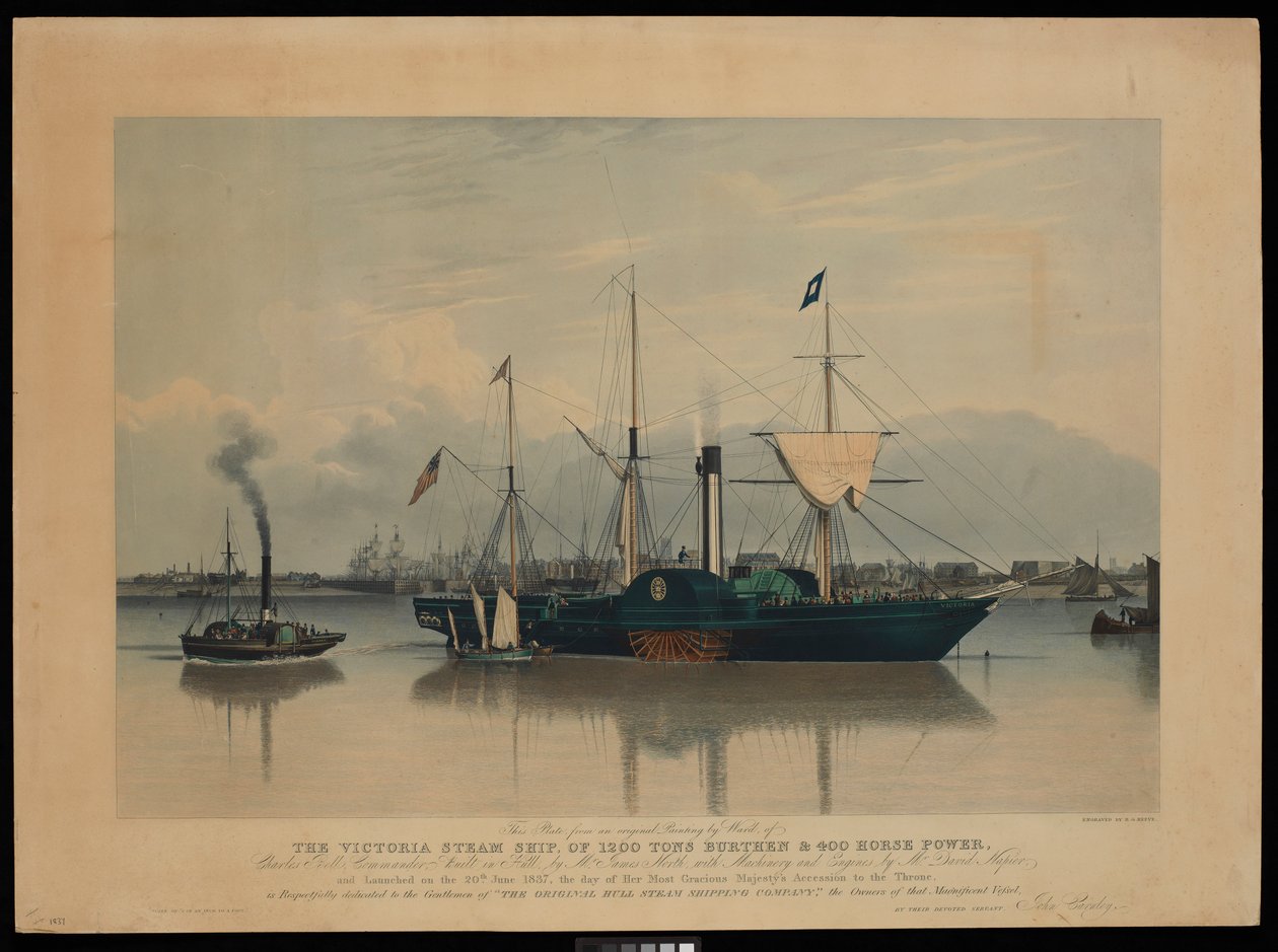 Questa tavola, da un dipinto originale di Ward, della nave a vapore Victoria, di 1200 tonnellate di stazza e 400 cavalli... varata il 20 giugno 1837... da Richard G. Reeve
