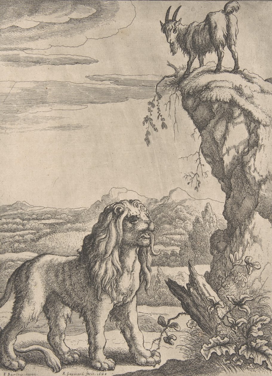 Il leone e il capretto, da Aesopics di Ogilby da Richard Gaywood