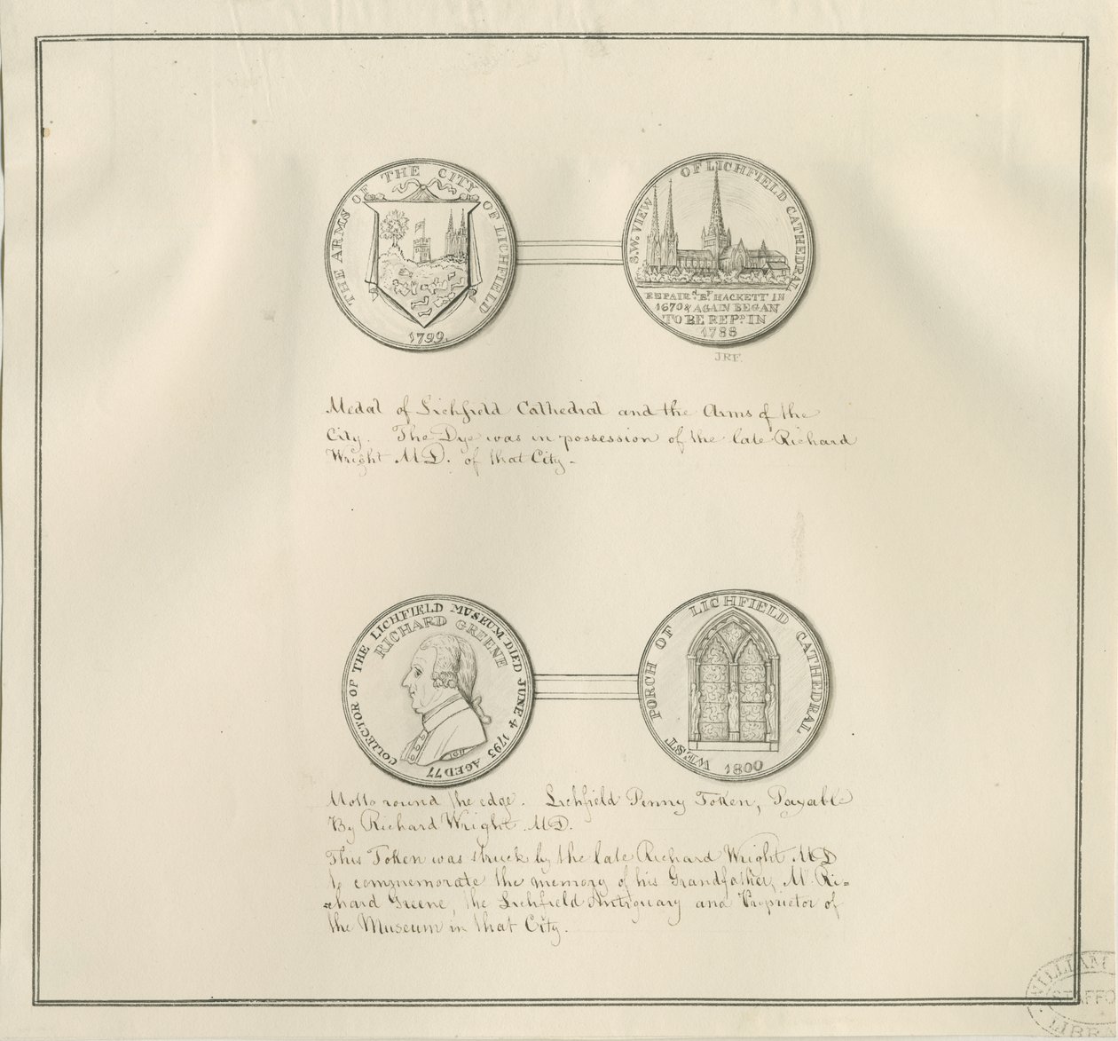 Lichfield - Medaglie della Cattedrale di Lichfield e stemma della città, e un ritratto di Richard Greene: disegno a penna, nd [inizio 19° sec] da Richard Greene