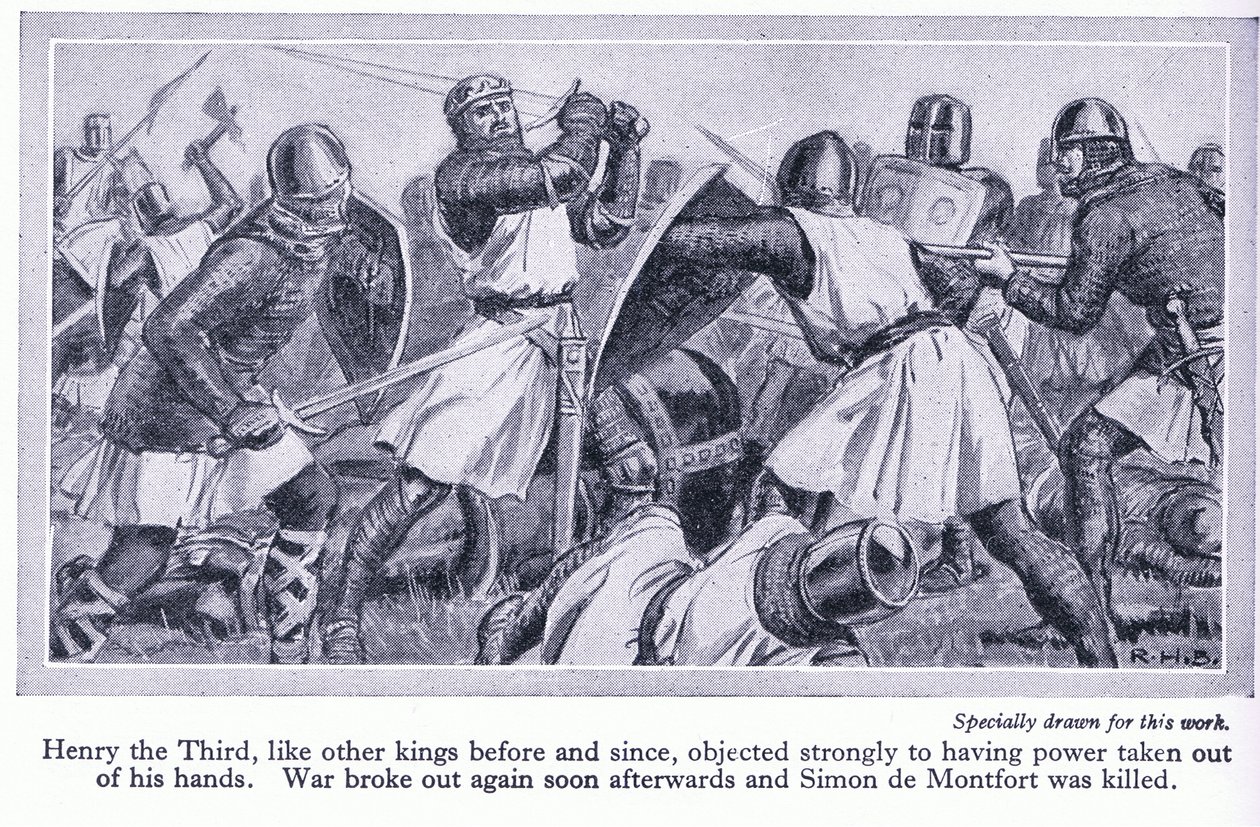 Enrico III si oppose fermamente alla perdita del suo potere. Scoppiò la guerra e Simon de Monford fu ucciso, c.1950 da Richard Henry Brock