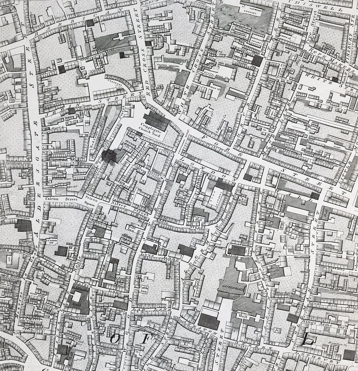Mappa stradale di Londra intorno a Guildhall da Richard Horwood