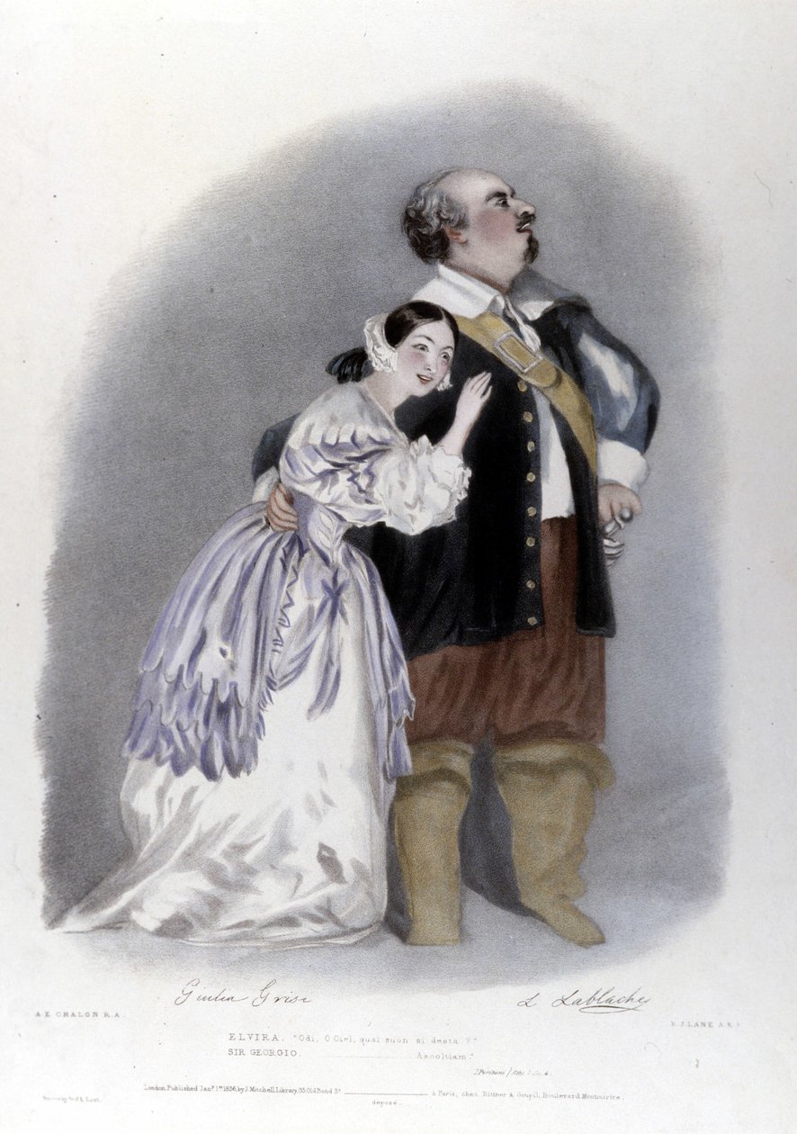 Giulia Grisi e Luigi Lablache nel terzo atto de I puritani di Vincenzo Bellini. Litografia di R. J. Lane. 1835 da Richard James Lane