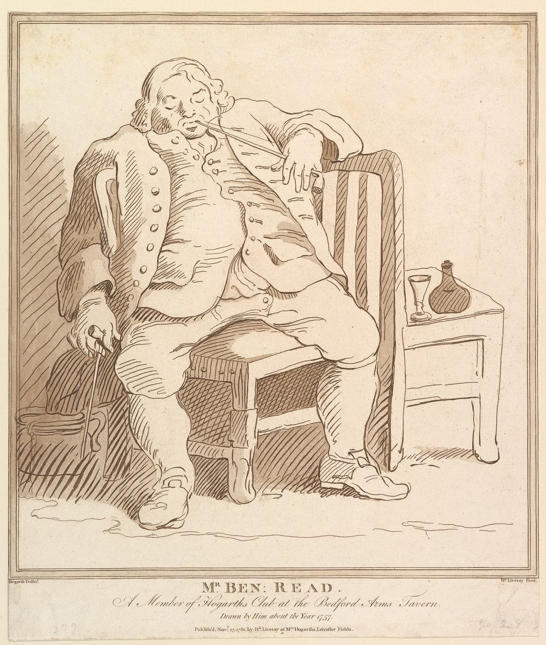 Mr. Ben: Read, un membro del club di Hogarth alla taverna Bedford Arms, disegnato da..., 27 novembre 1781 da Richard Livesay