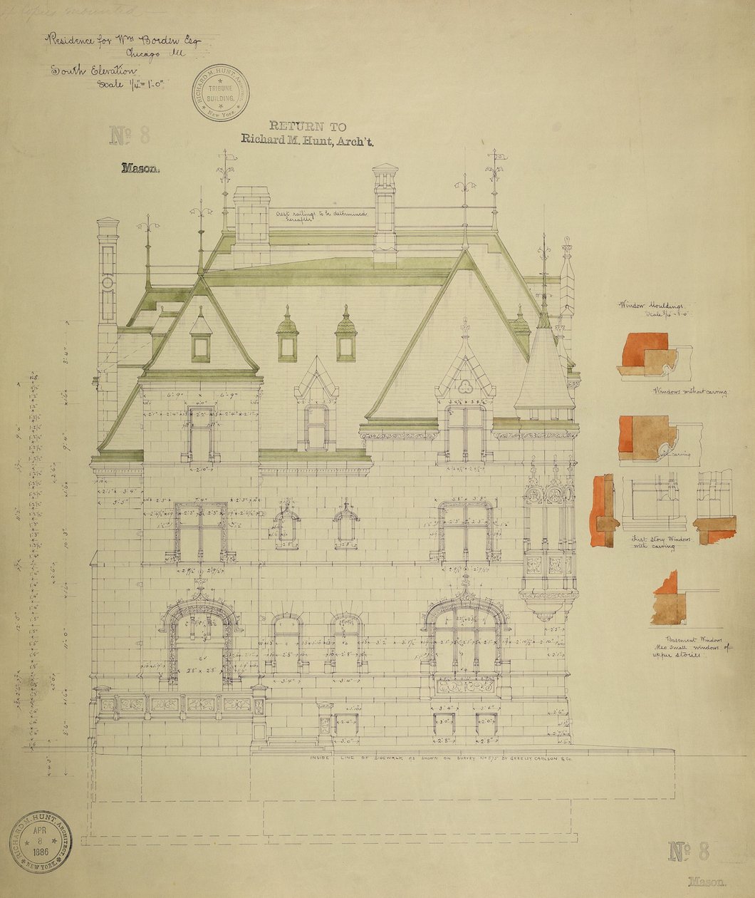 Residenza William Borden, Chicago, Illinois, Elevazione Sud da Richard Morris Hunt