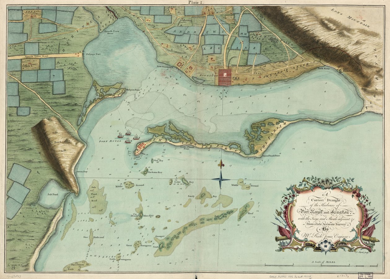 Disegno corretto dei porti di Port Royal e Kingston, con le chiavi e le secche adiacenti ecc. da un recente sondaggio accurato, di Mr. Richd Jones, ingegnere da Richard; Mynde Jones