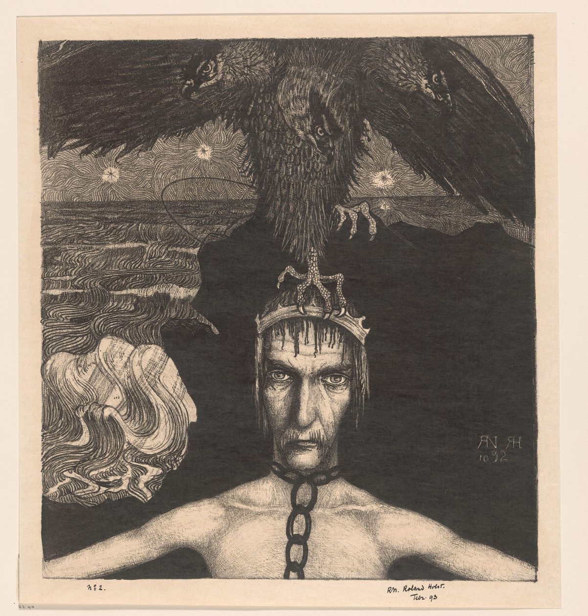 Uomo incatenato con uccello rapace a tre teste sulla testa da Richard Nicolaüs Roland Holst (signed by artist)