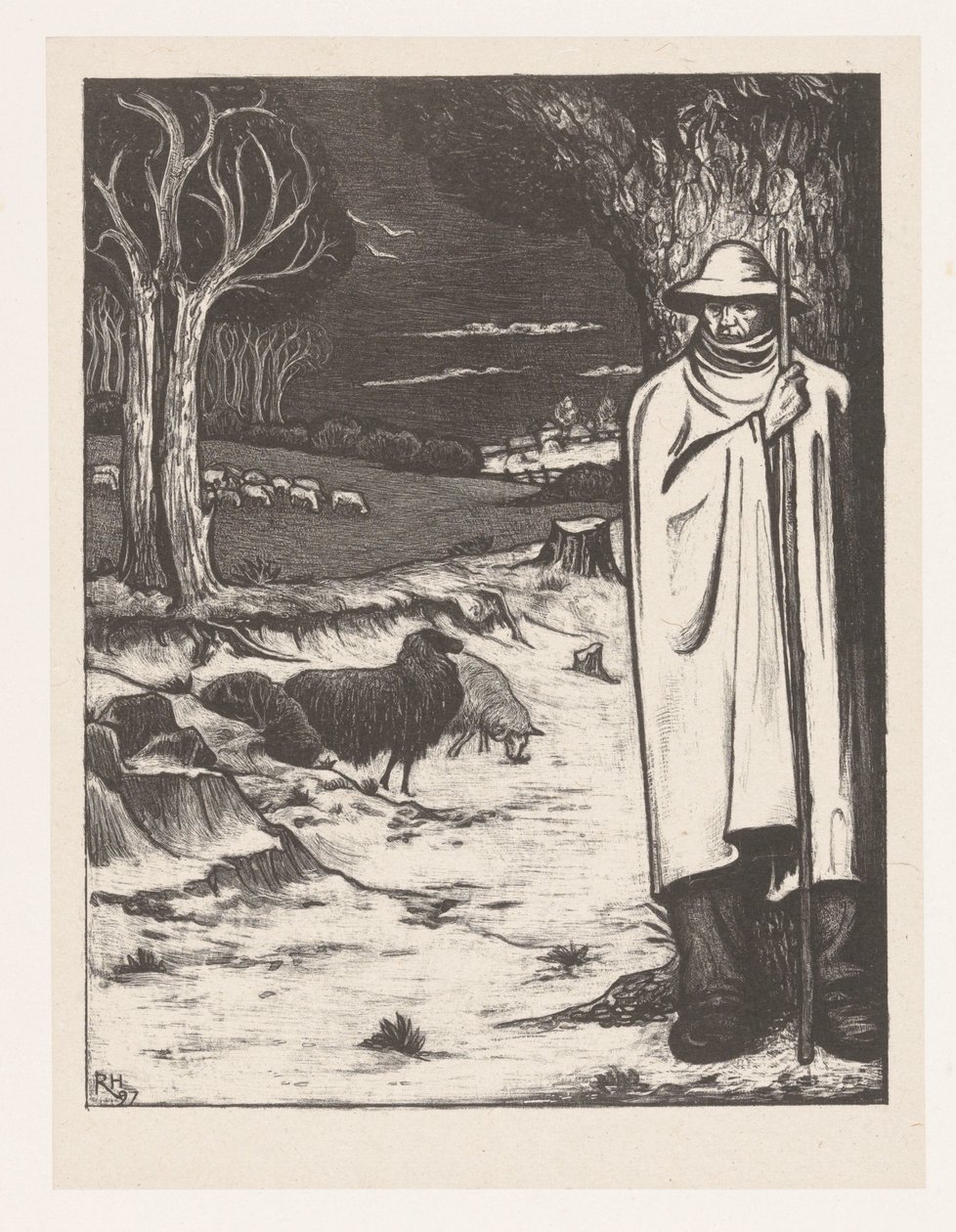 Pastore con un gregge di pecore in un paesaggio collinare da Richard Nicolaüs Roland Holst