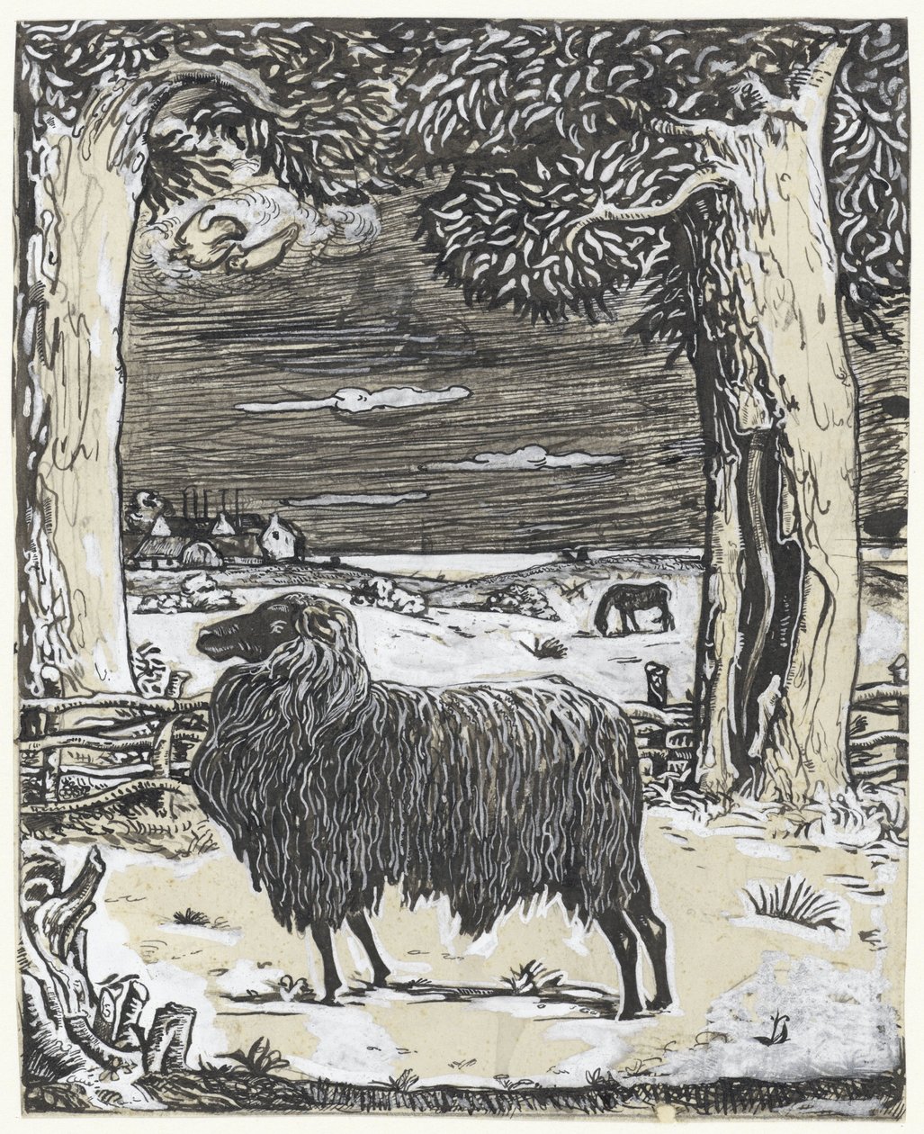 Pecora in un paesaggio con due alberi da Richard Nicolaüs Roland Holst