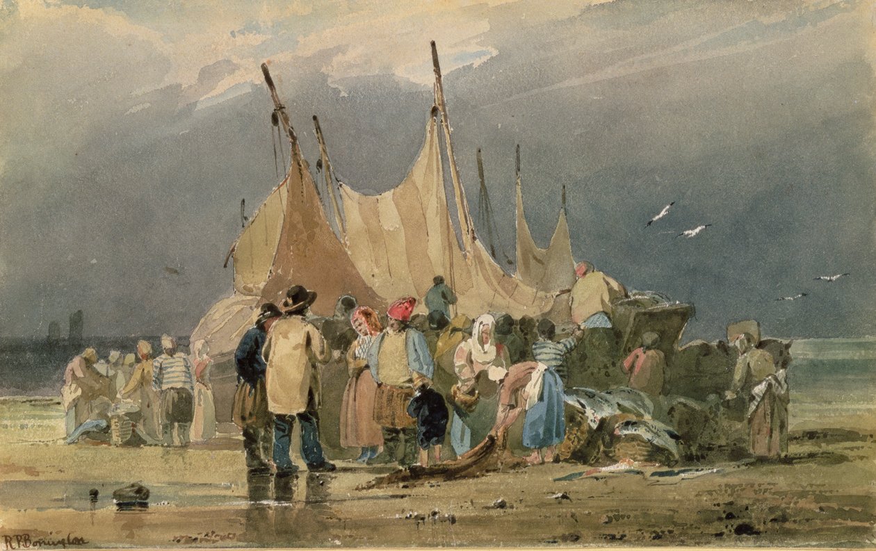 Pescatori su una spiaggia, si avvicina una tempesta da Richard Parkes Bonington