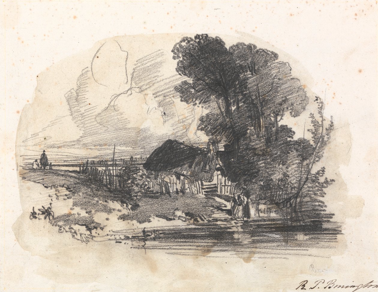 Alberi e un cottage vicino a un fiume da Richard Parkes Bonington