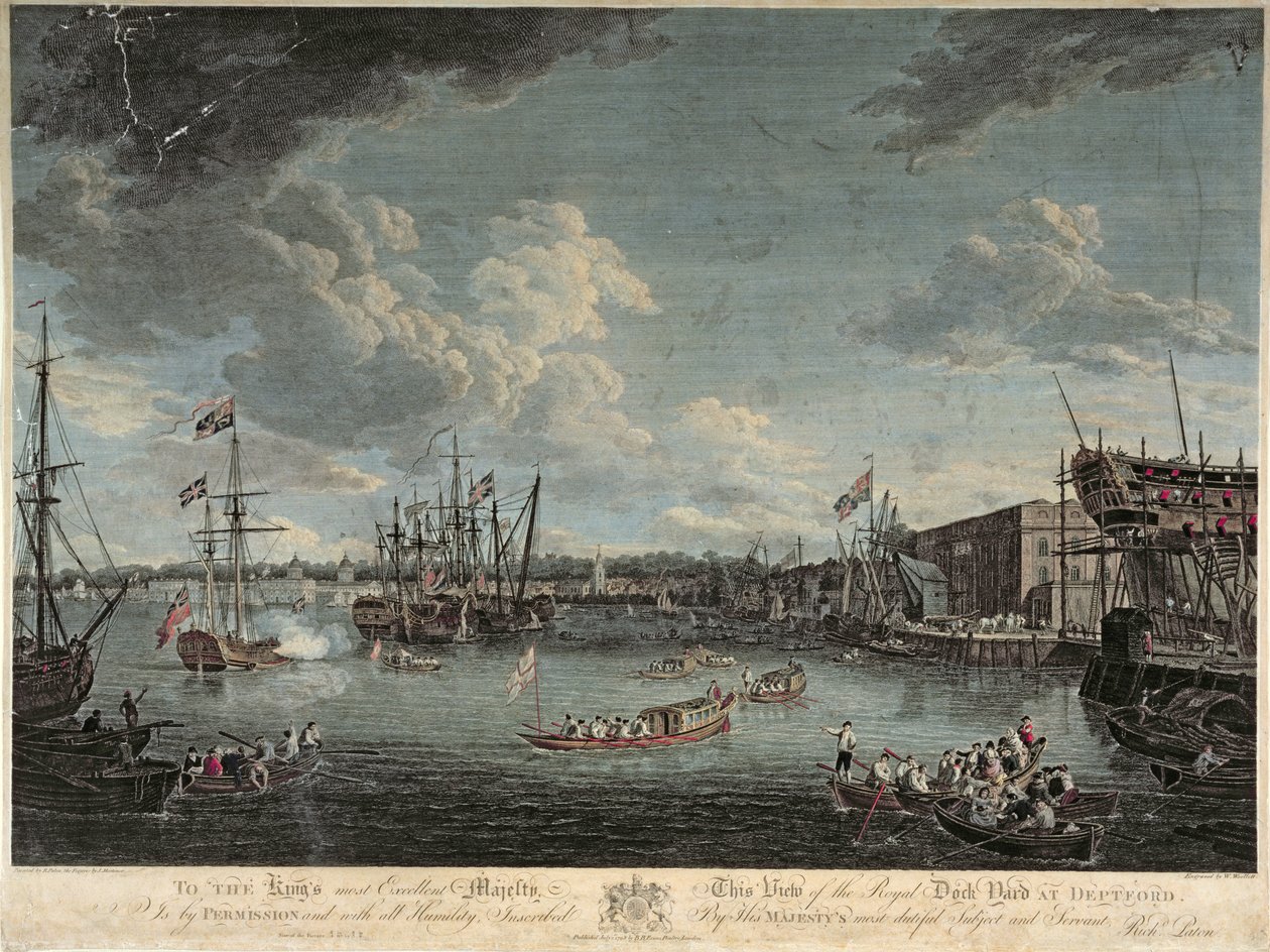 Veduta del cantiere navale reale a Deptford, inciso da William Woollett, pubblicato il 1° luglio 1793 da Richard Paton
