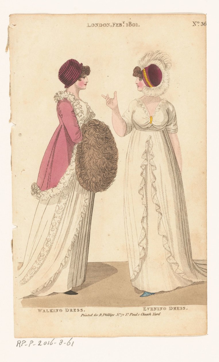 Magazine of Female Fashions of London and Paris. No. 36. London Feb., 1801: Abito da passeggio; Abito da sera da Richard Phillips