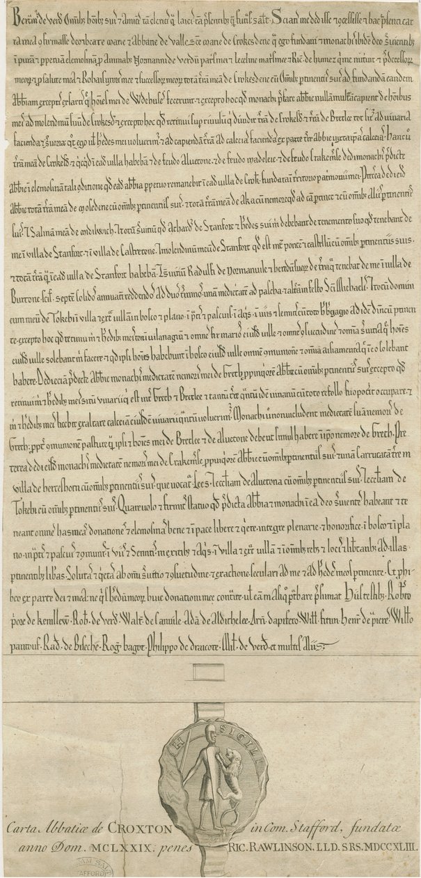 Abbazia di Croxden - Carta di fondazione: incisione da Richard Rawlinson