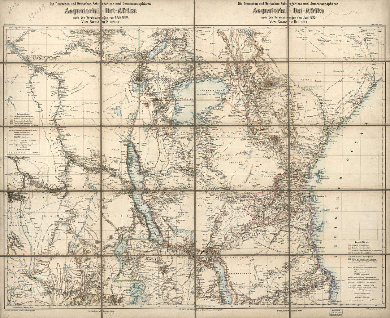I territori protetti tedeschi e britannici e le sfere di interesse in Africa orientale equatoriale: secondo gli accordi di giugno 1890 da Richard; Sprigade Kiepert