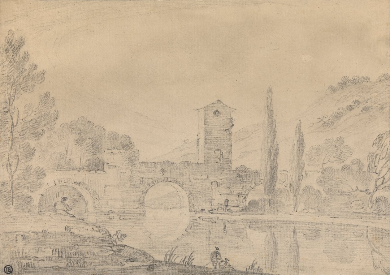 Paesaggio italiano con ponte a tre archi, casa del ponte, figure sulla riva vicina e pioppi sulla riva lontana da Richard Wilson