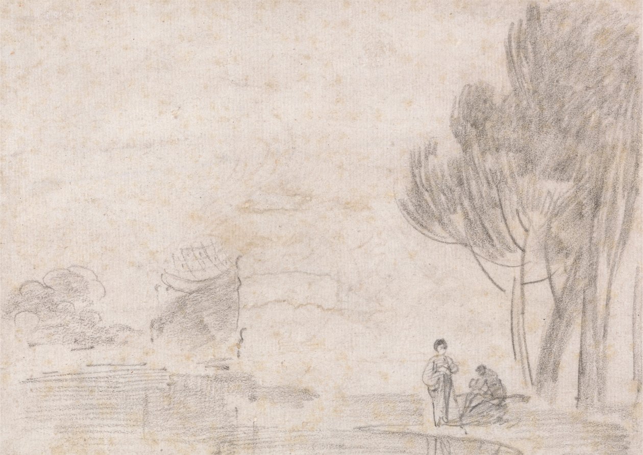 Tempio in rovina di Minerva?, due figure sulla riva del fiume da Richard Wilson