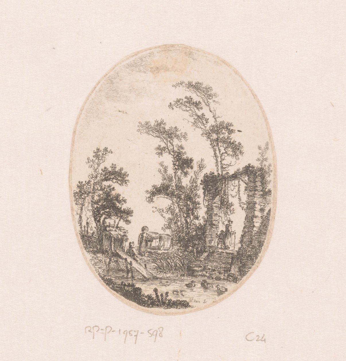 Stagno con anatre e alcuni alberi intorno (serie di vedute, paesaggi, frammenti antichi e soggetti storici) da Richard de Saint Non