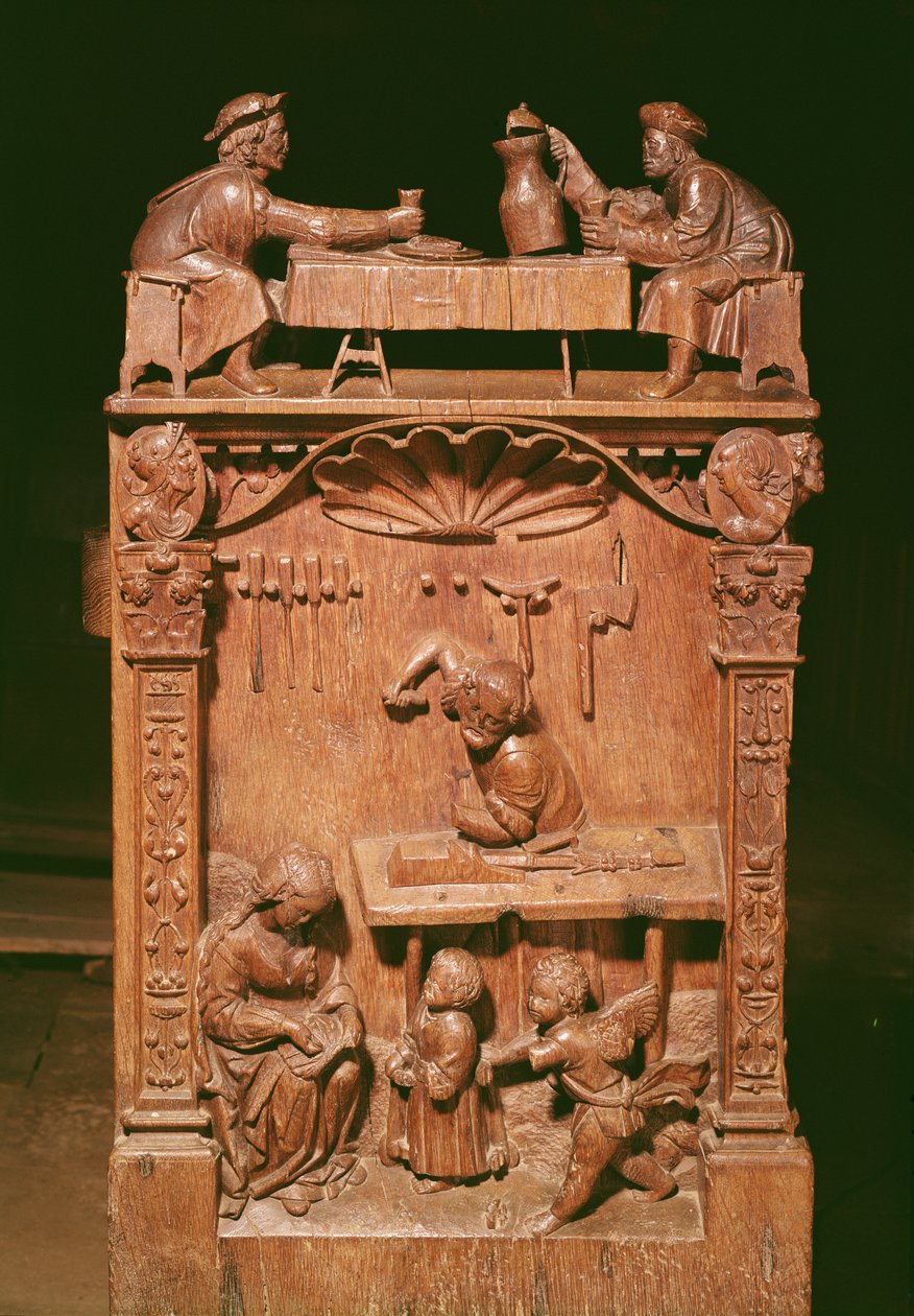 Stalli del coro che raffigurano (sopra) i fratelli Rigoley e (sotto) la bottega di Nazareth, 1526 da Rigoley Brothers