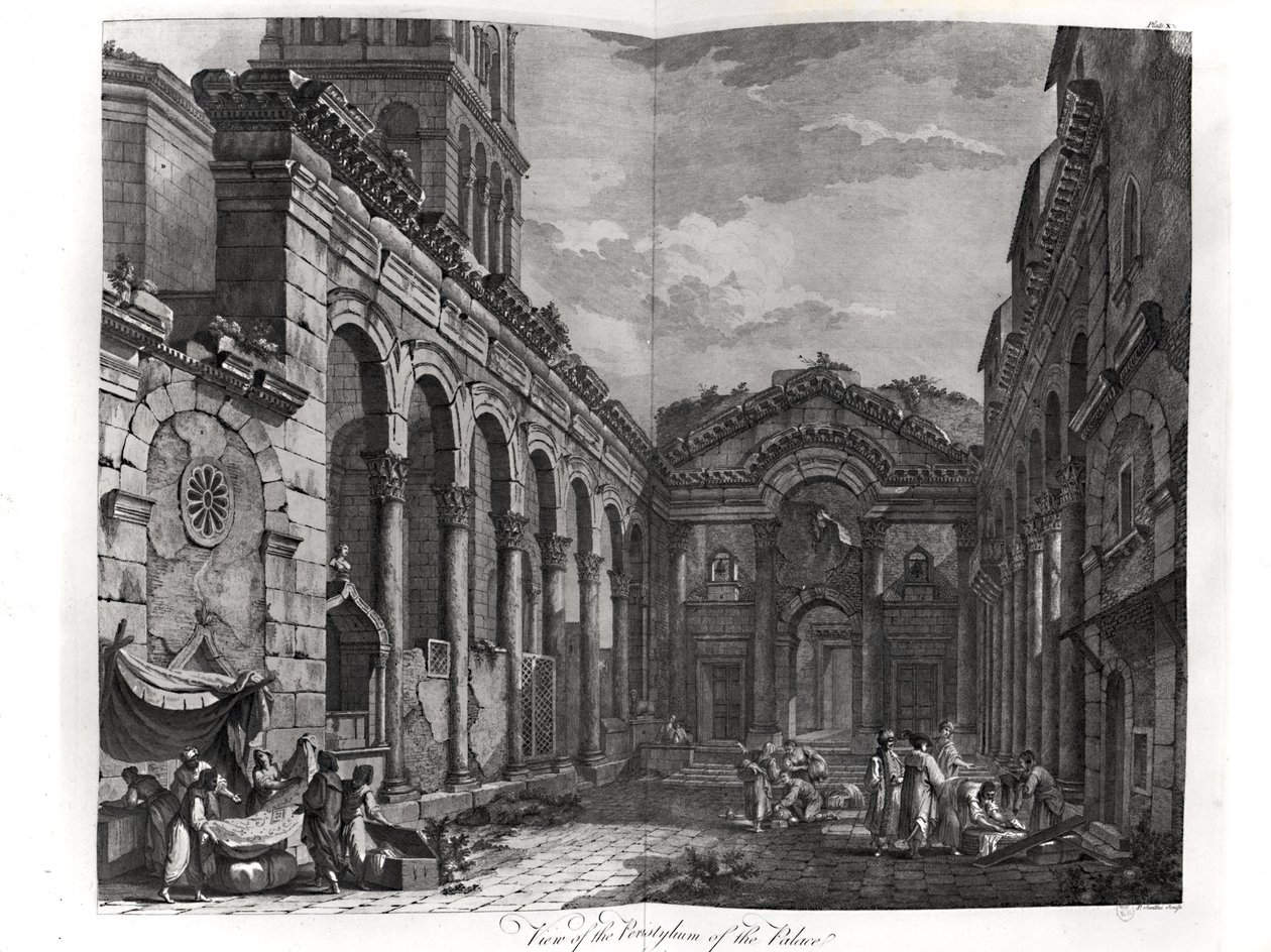 Vista del peristilio del palazzo di Diocleziano a Spalato sulla costa dalmata, inciso da P. Santini, 1768 da Robert Adam