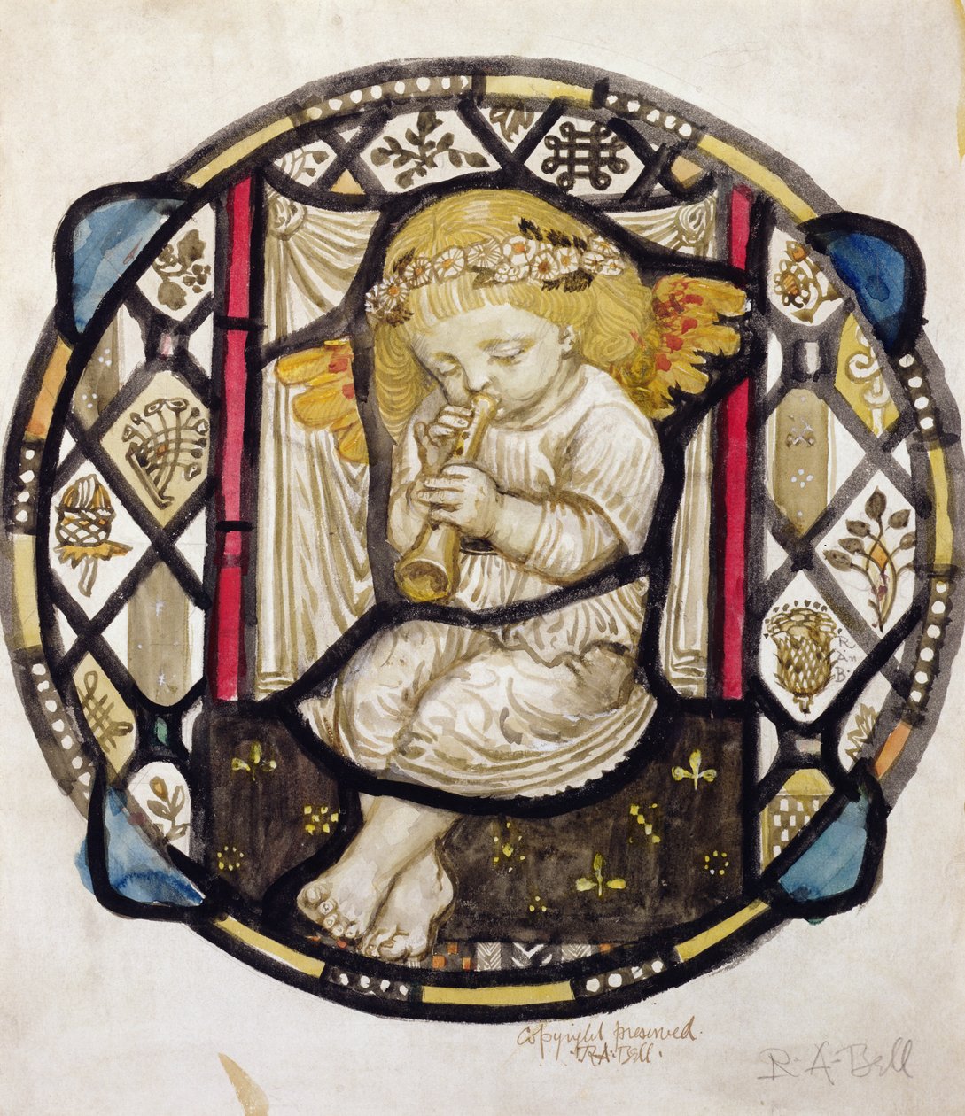 Disegno di vetrata di Putto che suona il flauto da Robert Anning Bell