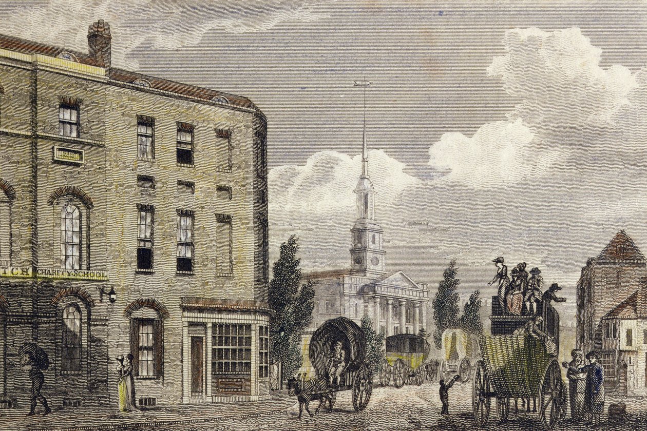 Ingresso a Londra presso la Chiesa di Shoreditch, 1810 da Robert Blemell Schnebbelie