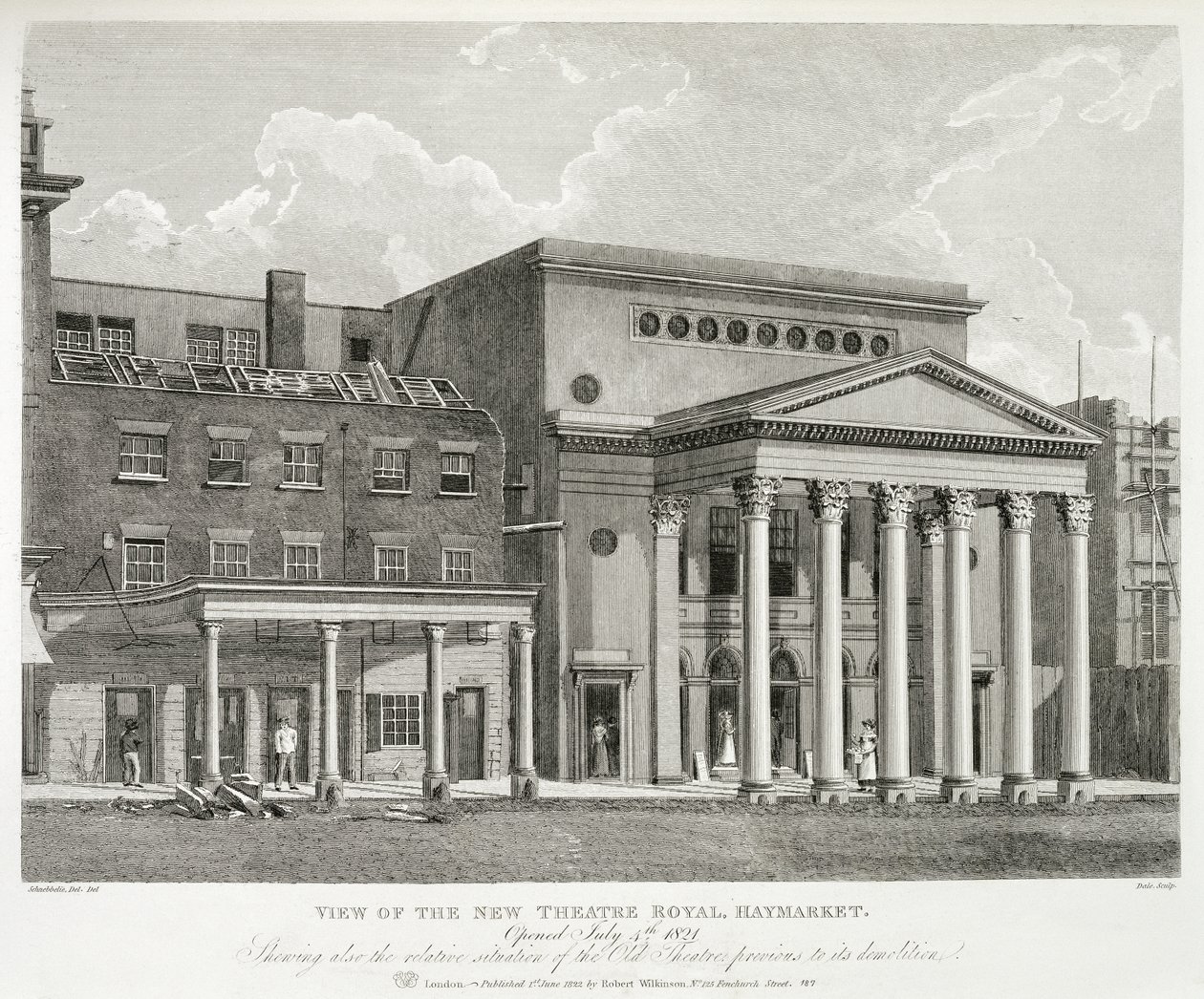 Veduta del Nuovo Teatro Reale, Haymarket, a Londra, Aperto il 4 luglio 1821, Mostrando anche la Situazione Relativa del Vecchio Teatro Prima della sua Demolizione, inciso da Dale, 1822 da Robert Blemell after Schnebbelie