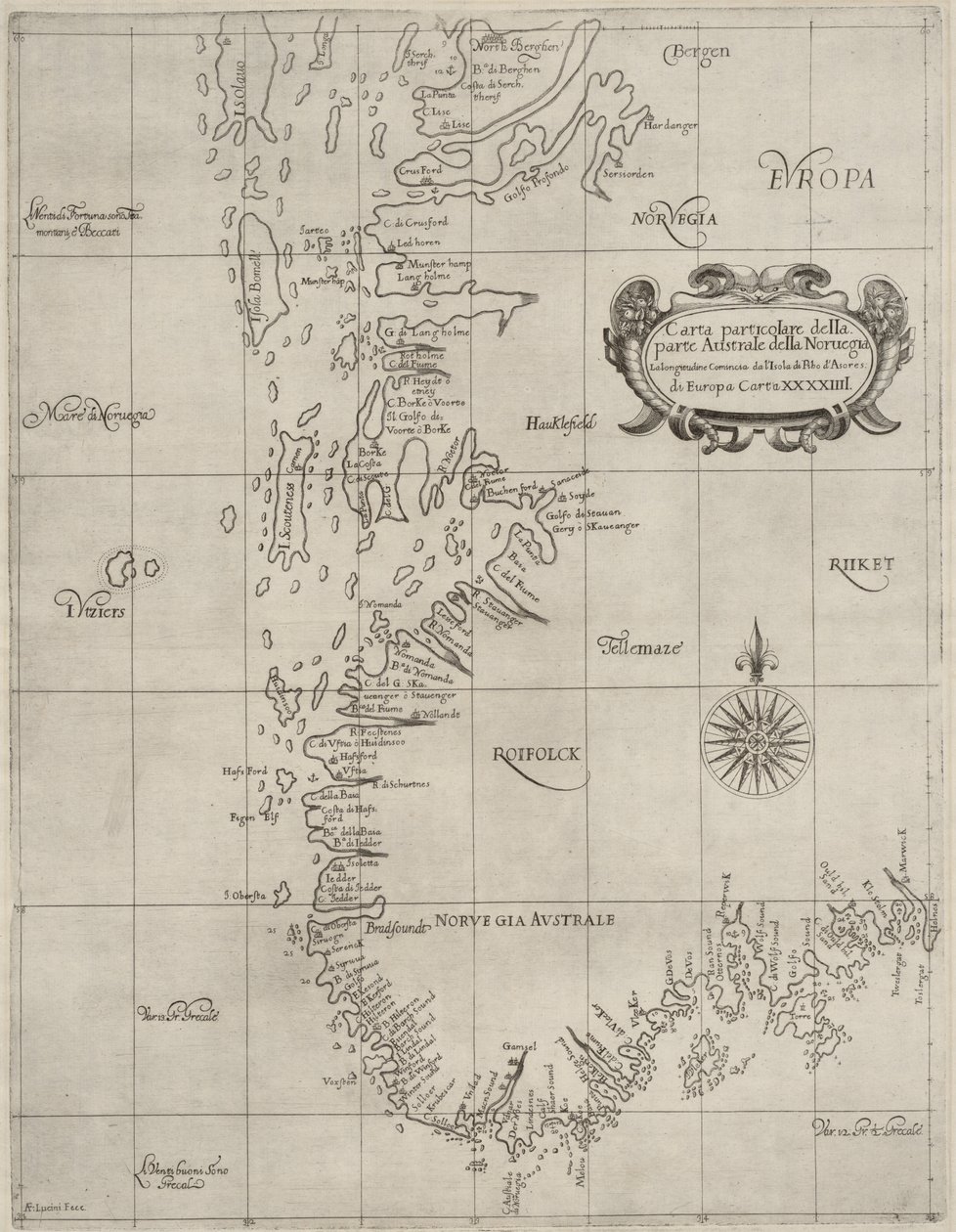 Carta dalla collezione di mappe della Biblioteca Nazionale. La carta è stata pubblicata intorno al 1647 e mostra la Norvegia meridionale, la costa, la carta nautica da Robert Dudley