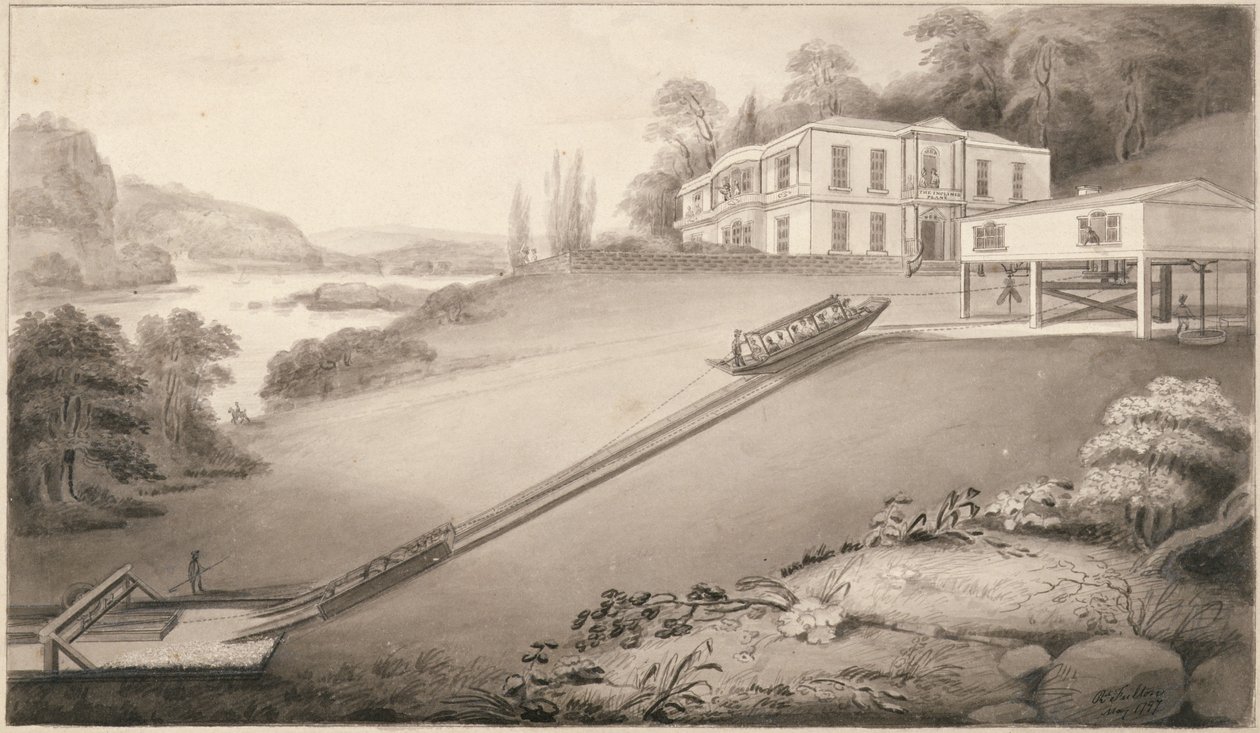 Barca inclinata trasportata a un livello superiore del canale, 1797 da Robert Fulton