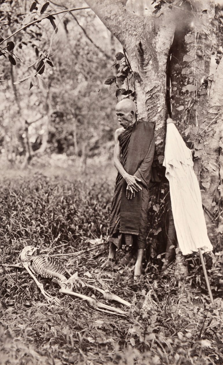 Fotografia simbolica di un monaco che contempla uno scheletro, Siam, c.1890 da Robert Lenz